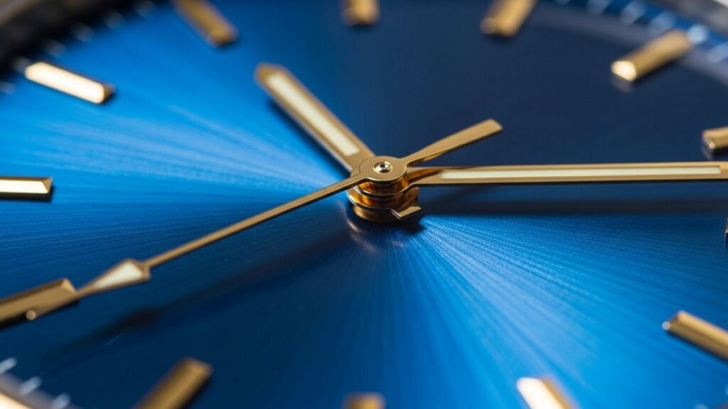 光を受けて放射状に輝くサンバースト仕上げのブルー・ゴールド文字盤のクローズアップ写真