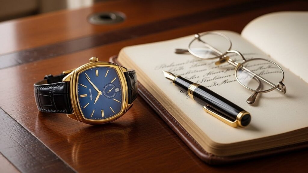 重厚な木製のデスク上に置かれたエリプス、万年筆、革手帳。知性と資産価値を象徴する静物写真
