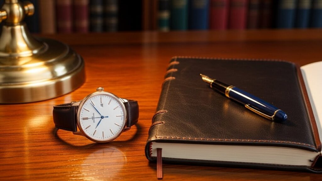 重厚な木製デスクの上に置かれたエレガントなドレスウォッチと革の手帳