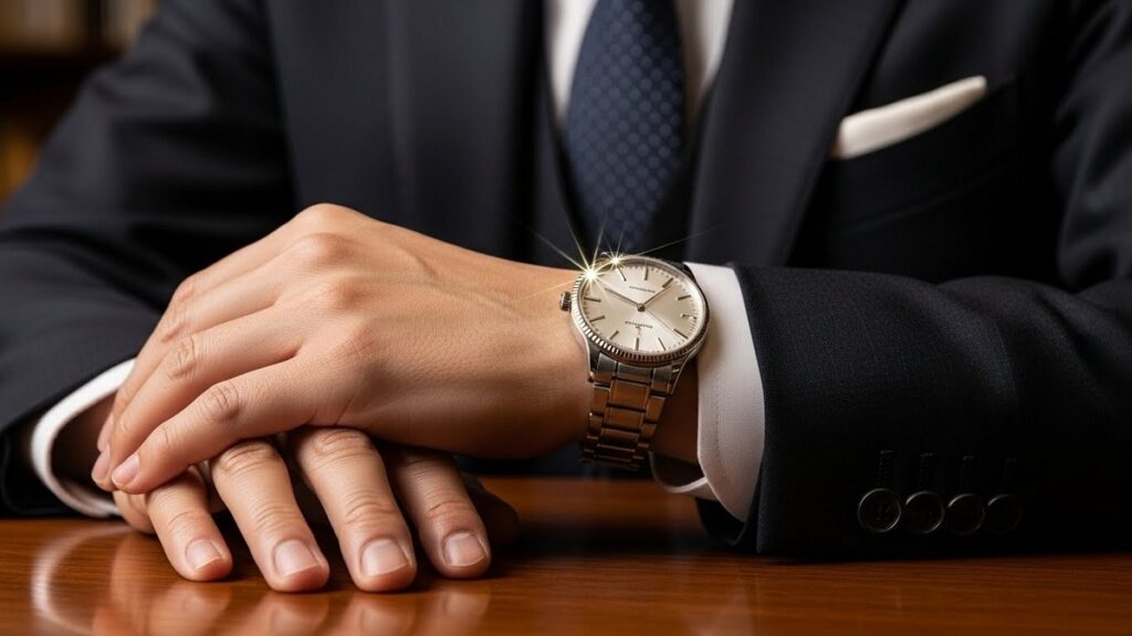 スーツスタイルの日本人男性の手首に輝くクル・ド・パリベゼルのドレスウォッチ