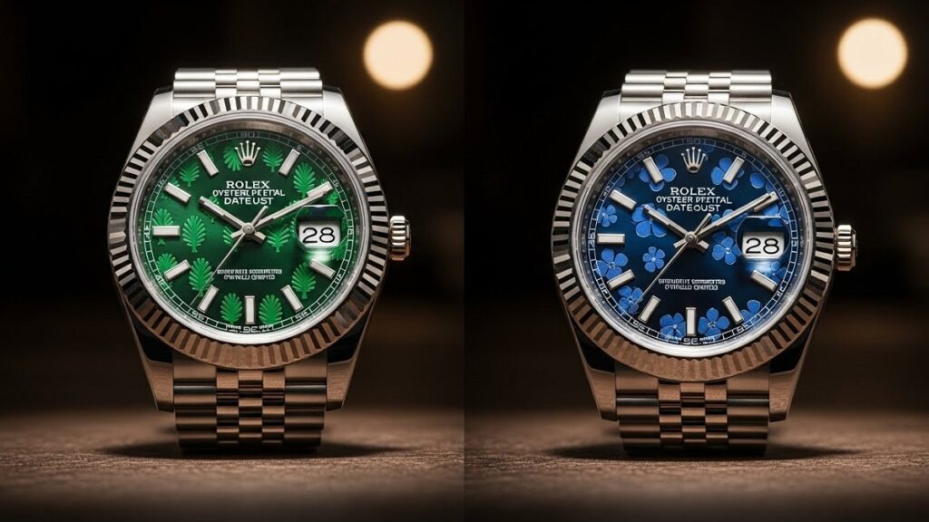 廃盤となり希少価値が高まったロレックス デイトジャストのパームモチーフ文字盤とフローラルモチーフ文字盤の比較画像
