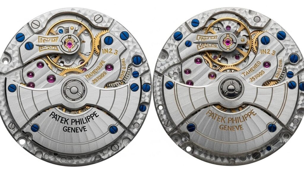 パテックフィリップのムーブメントと偽物のムーブメントを比較した写真