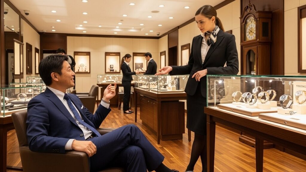 高級時計店でプロのスタッフと対話を楽しむ日本人男性