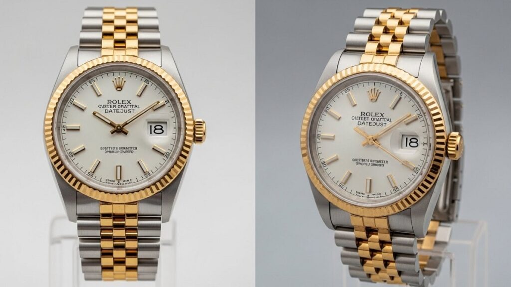 ロレックス デイトジャストのジュビリーブレスレット（5連）とオイスターブレスレット（3連）を並べて比較した写真