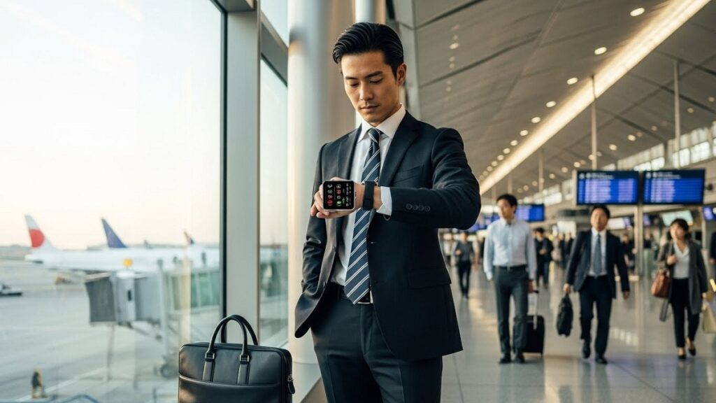 トラベルタイム機能を活用し、空港で時刻を確認する知的な日本人ビジネスマンのシーン。