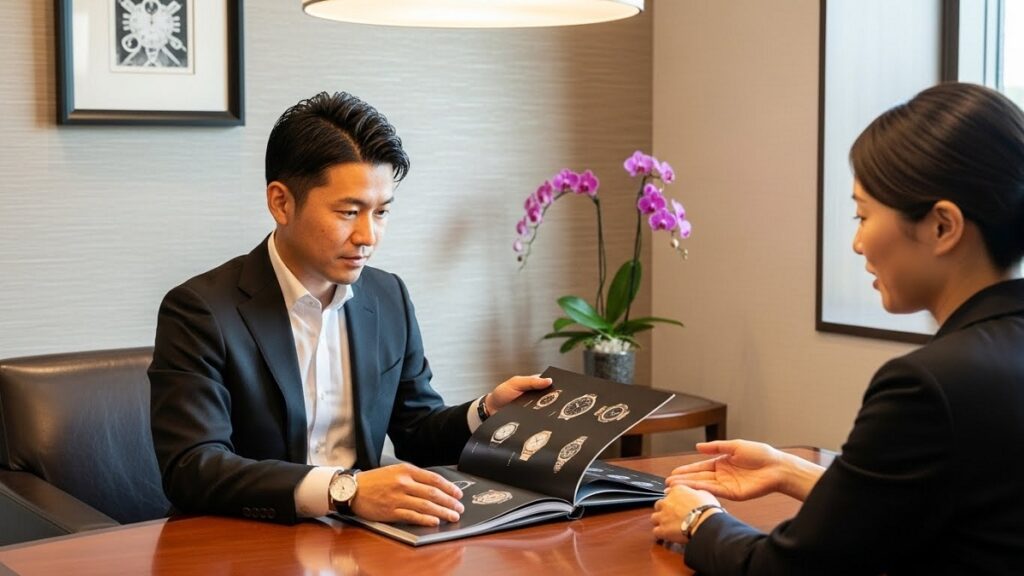 ラグジュアリーな商談スペースで時計のカタログを眺める日本人男性