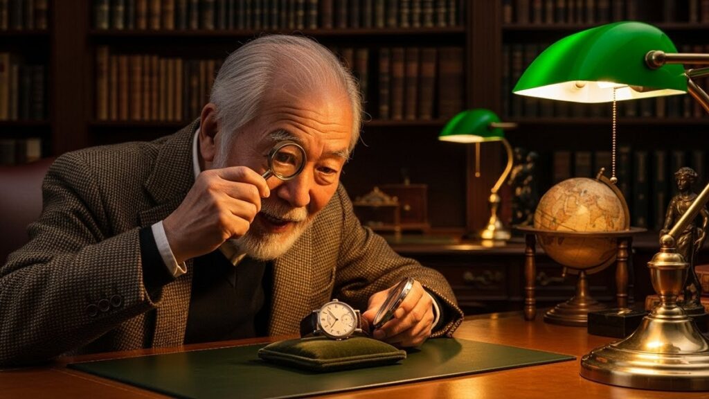 クラシックな書斎で、アンティークのパテックフィリップの腕時計Ref.96を虫眼鏡で熱心に観察する初老の日本人男性コレクター