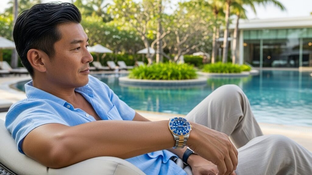 リゾートホテルのプールサイドで、リラックスした様子の日本人男性経営者がロレックス サブマリーナの青コンビモデルを着用している