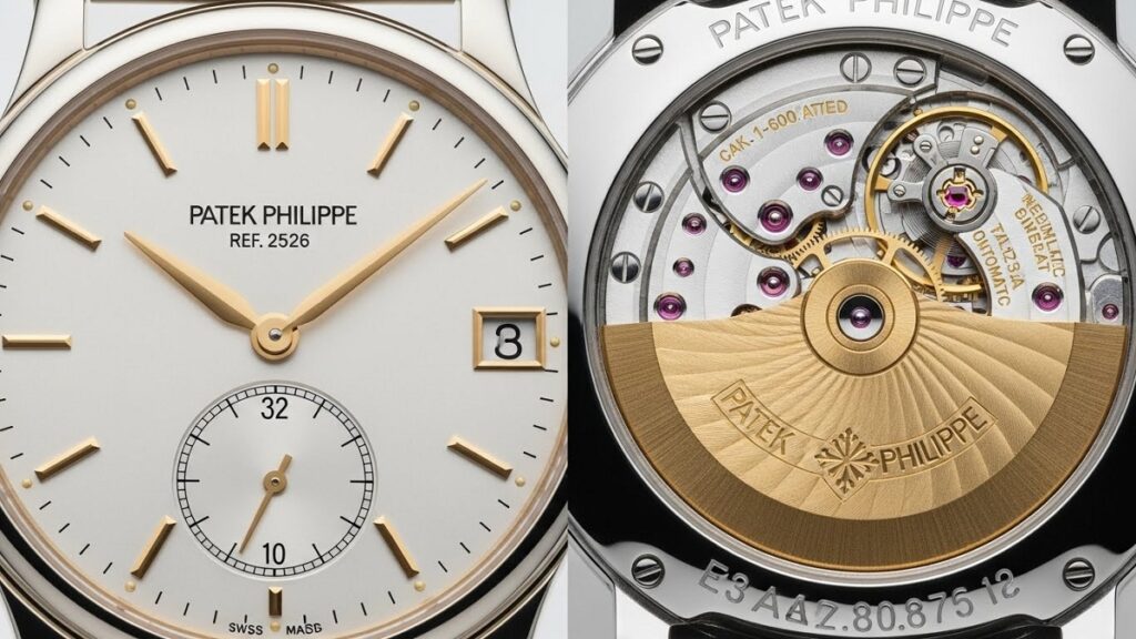 パテックフィリップRef.2526の美しいエナメル文字盤と、その裏蓋から見える精巧な18Kゴールド製ギョーシェ彫りローターを持つCal.12-600ATムーブメントの分割写真