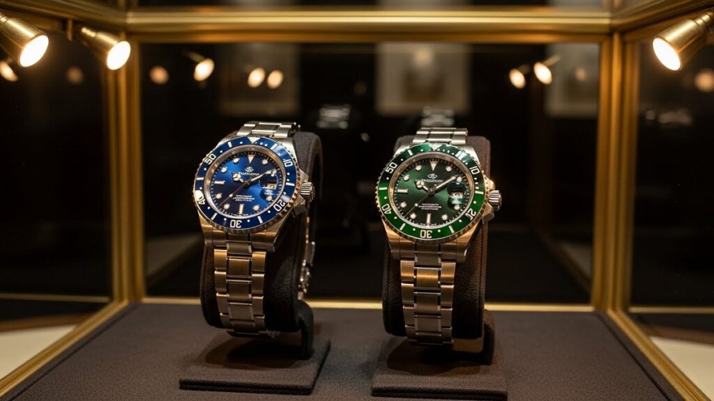 高級感のあるジュエリーケースの中で、青黒と緑黒のセラミックベゼルが美しく輝く二本の高級時計