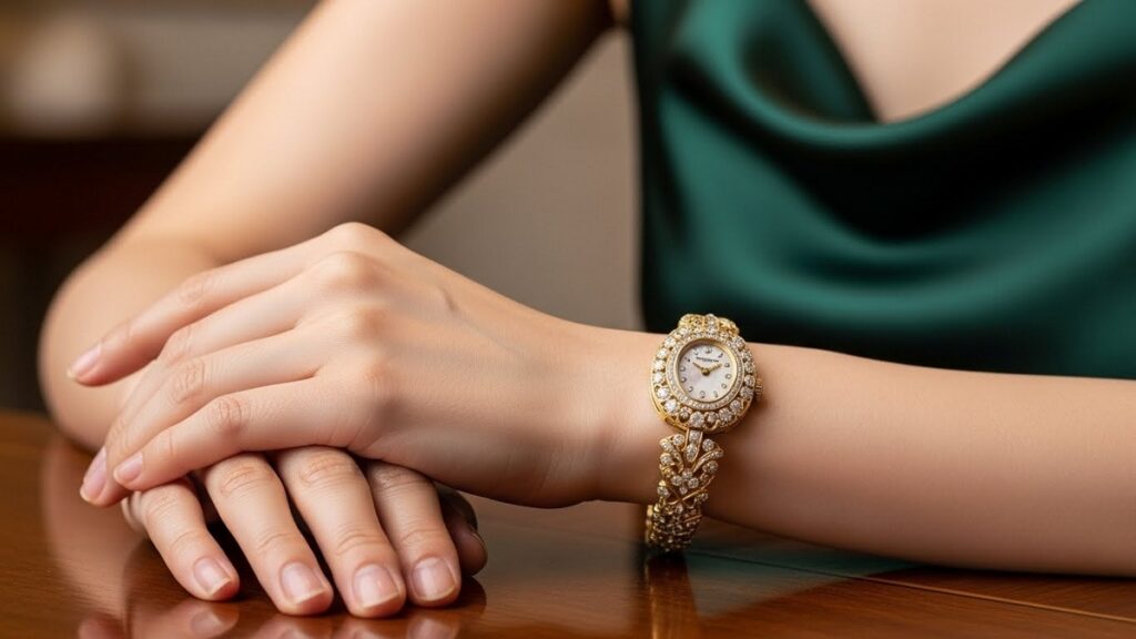 エレガントなドレスを着た日本人女性の手首に輝く、ダイヤモンドと金細工が施されたパテックフィリップのアンティークジュエリーウォッチ
