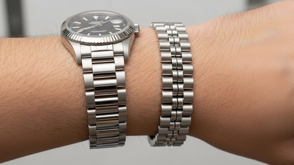 日本人男性の腕に着用された、オイスターブレスレットとジュビリーブレスレットの質感を比較するクローズアップ画像