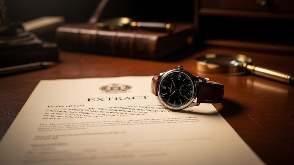 パテックフィリップが発行する公式のアーカイブ抄本(Extract from the Archives)のサンプル画像。アンティークウォッチの横に置かれ、その真正性を証明している様子