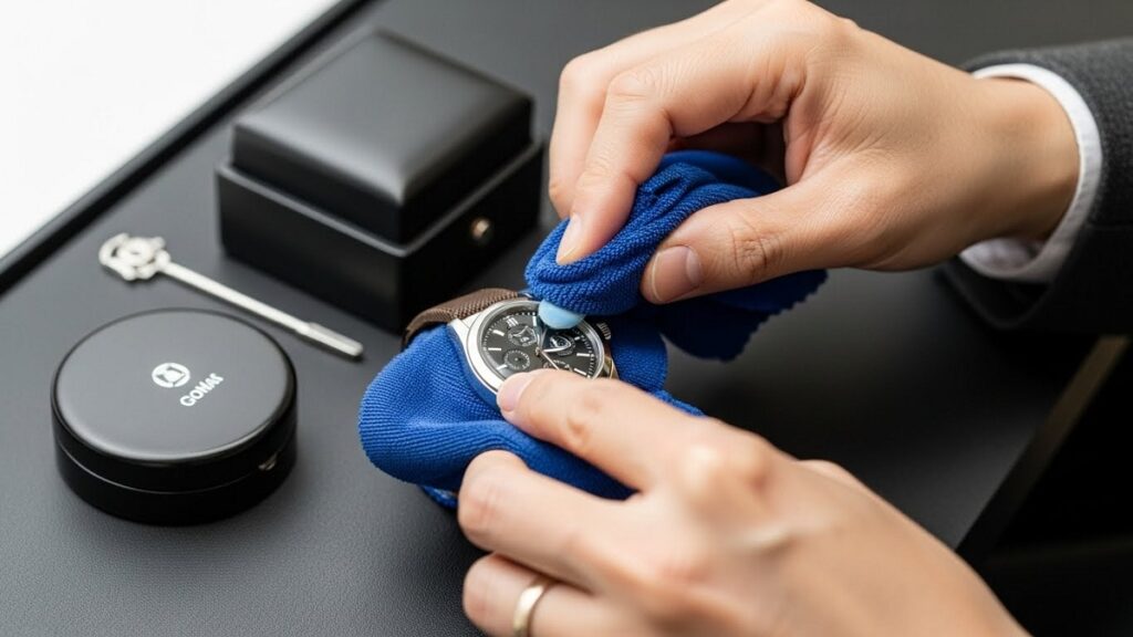 専用のクロスでロレックスを丁寧にメンテナンスする様子