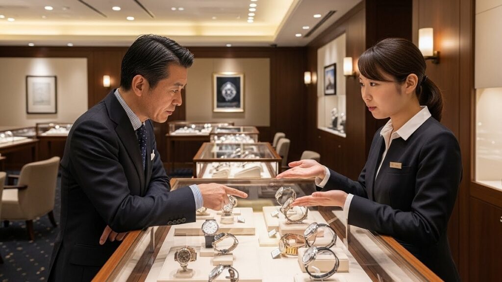 落ち着いた雰囲気の高級時計専門店で、ショーケースに並べられた複数のパテックフィリップアンティークウォッチを眺めながら、店員と相談する日本人顧客