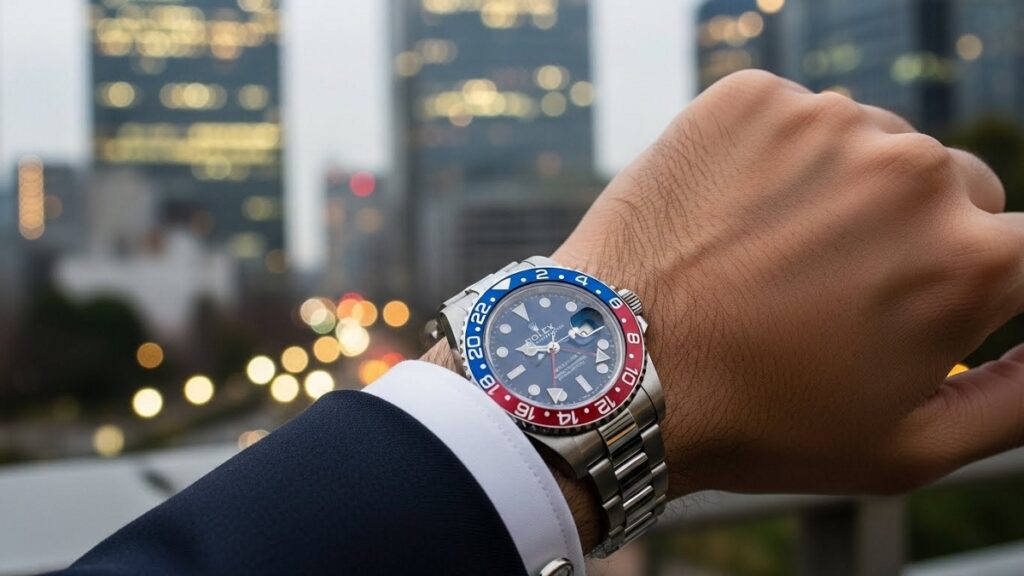 スマートなスーツを着こなす日本人男性の手首で輝くロレックス 