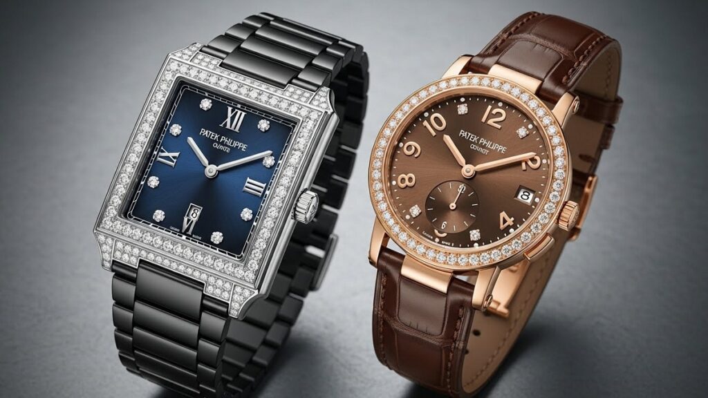 パテック フィリップ Twenty~4の異なる2つのモデルが並んで置かれている写真。左側には長方形ケースのクォーツモデル「Ref. 4910」、右側にはラウンドケースのオートマチックモデル「Ref. 7300」があり、それぞれのデザインの違いが明確に分かる構図