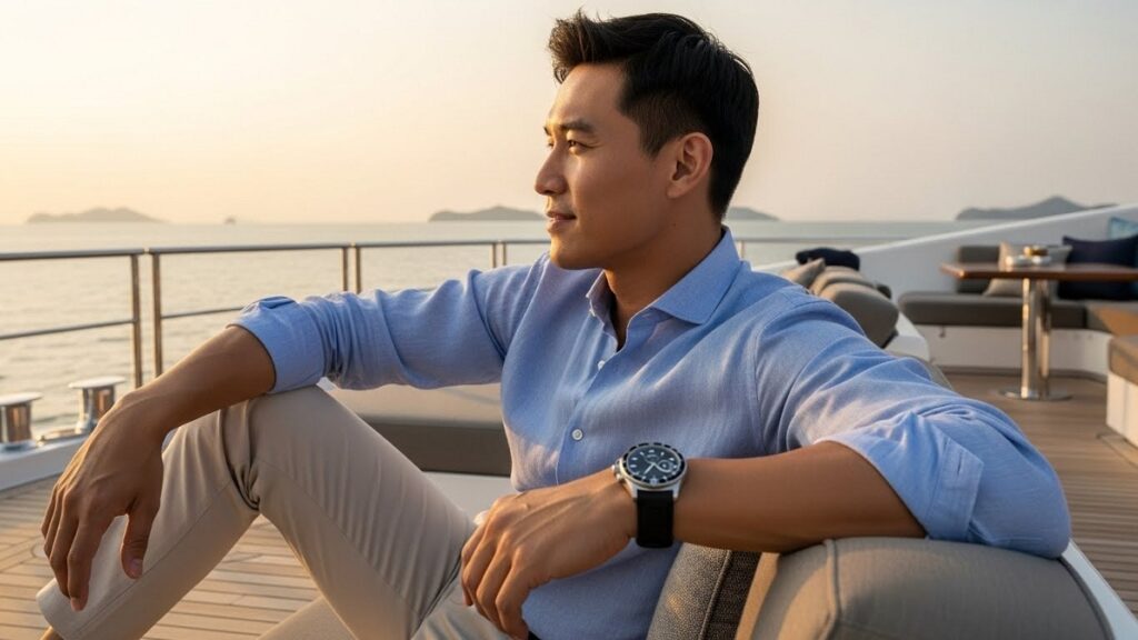 ヨットクラブのデッキで、ラバーストラップのモダンな高級時計を着用しリラックスするスマートカジュアルな装いのアジア人男性