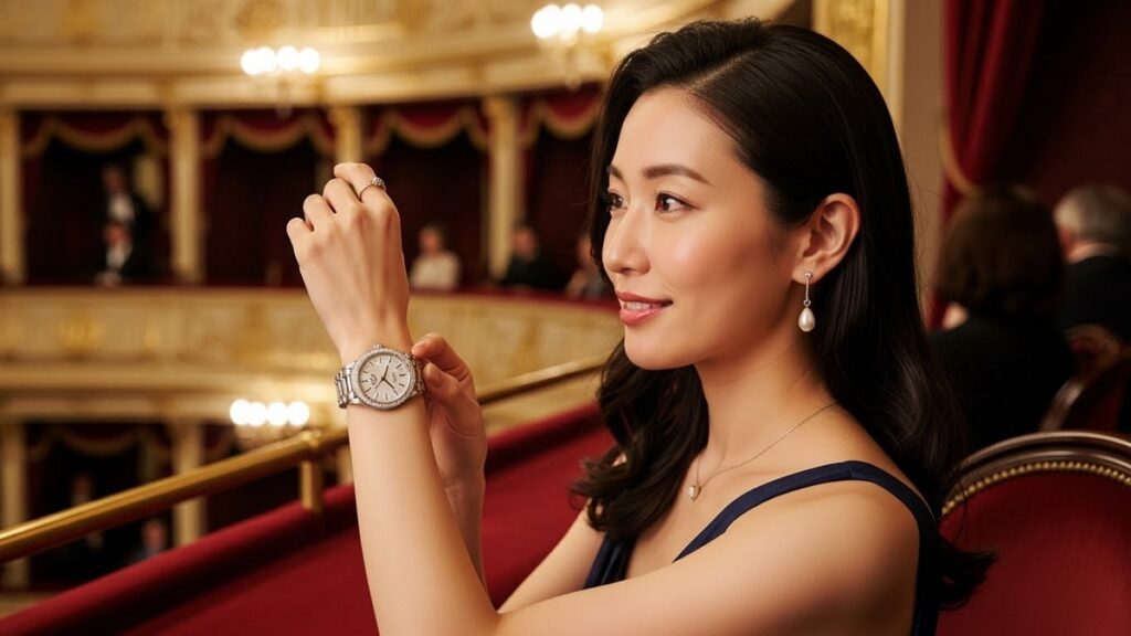 オペラ鑑賞の幕間に、ダイヤモンドが施されたエレガントな高級腕時計を眺める気品ある日本人女性