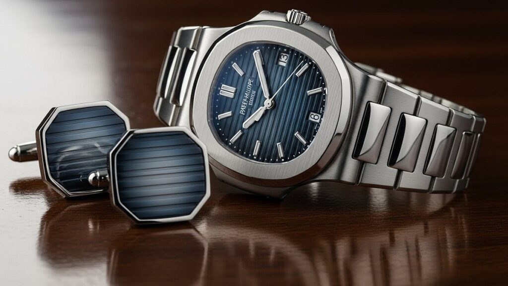 パテック フィリップのノーチラス時計と、それと同じ水平エンボス加工が施されたカフリンクスが並んで置かれている様子。時計の文字盤とカフリンクスの表面が光を反射し、統一感のある陰影を作り出しているクローズアップ写真