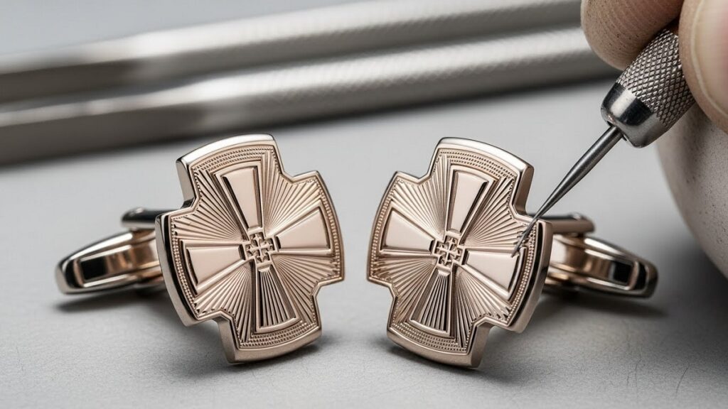 職人の手によって繊細なギョーシェ彫りが施された、パテック フィリップのカラトラバ十字モチーフのカフリンクス。金属の表面が複雑に光を反射し、宝石のような輝きを放っている様子を捉えた写真