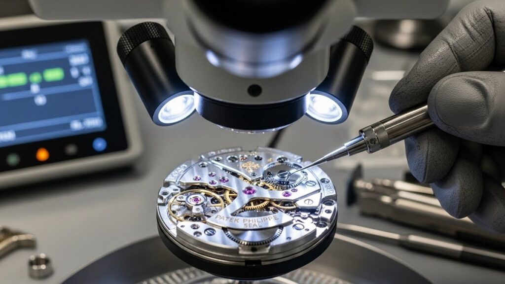 パテック フィリップ・シールの厳格な基準に基づき顕微鏡で精密検査を受ける高級時計