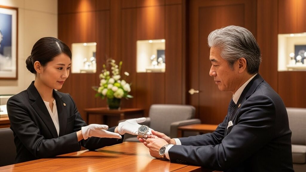 日本の高級時計サロンでスタッフから丁寧に時計の紹介を受ける日本人顧客