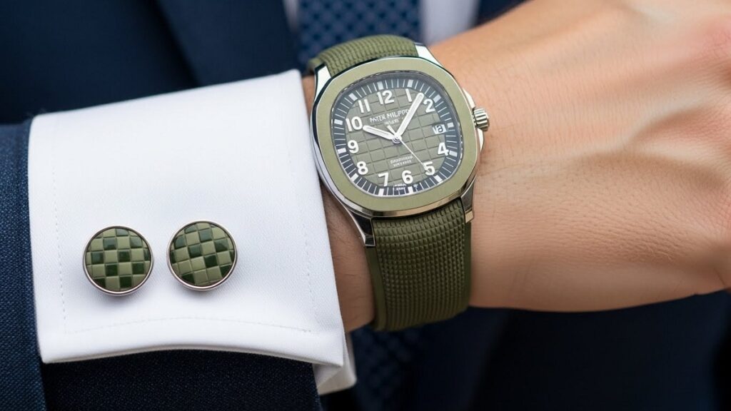 パテック フィリップのアクアノート時計（カーキグリーンのラバーストラップ）と、それと同色のチェッカーボード模様が施されたカフリンクスを着用した男性の袖口のクローズアップ写真。スポーティで洗練されたスタイル