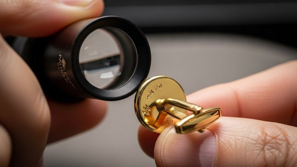 パテック フィリップの本物のカフリンクスに刻印された、微細なホールマーク（「750」や「セント・バーナードの頭」など）をルーペで拡大して確認している様子。鮮明で深い刻印の細部を写した写真