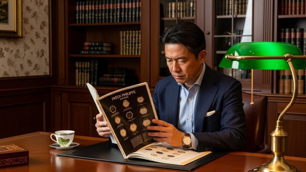 高級感のある書斎でパテック フィリップのヴィンテージカタログを熱心に読み込む日本人の男性時計愛好家
