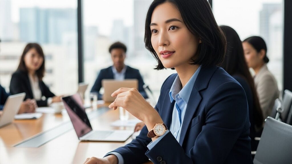 知的で自立した雰囲気を持つ日本人ビジネスウーマンが、オフィスでのミーティング中にパテック フィリップ Twenty~4(ラウンド型のオートマチックモデル)を着用している自然な写真。自信に満ちた表情で、時計がビジネススタイルに上品に溶け込んでいる様子