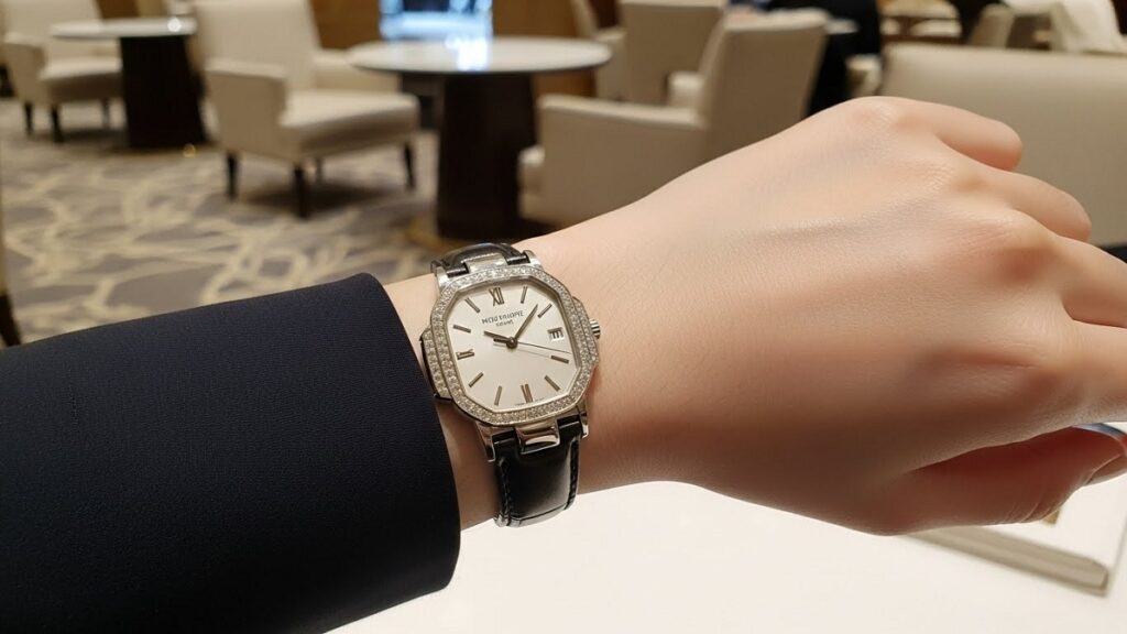 洗練されたアール・デコ様式のパテック フィリップ Twenty~4 ステンレススチールモデルを着用した、エレガントな日本人女性の手元のクローズアップ写真。高級感のある落ち着いたラウンジを背景に、ダイヤモンドが上品に輝いている