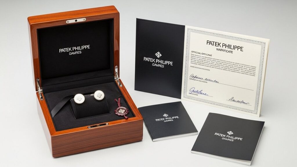 パテック フィリップのカフリンクス専用の高級な木製オリジナルボックスと、その中に大切に収められたカフリンクス、そして保証書や冊子などの付属品一式が揃っている様子を写した写真