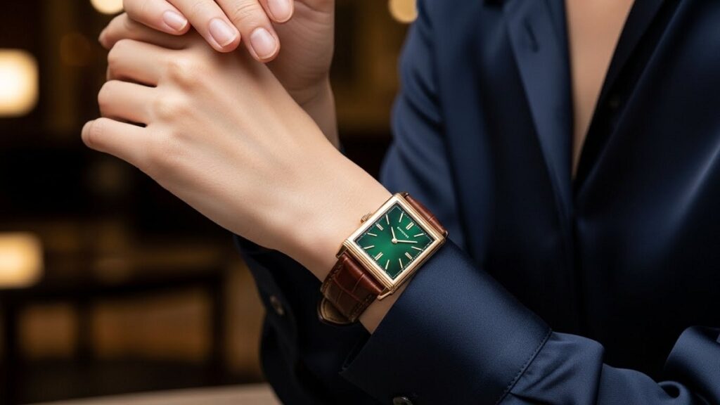 洗練された装いの日本人女性が、手首にレクタンギュラーケースのラグジュアリーウォッチを着用しているクローズアップ。