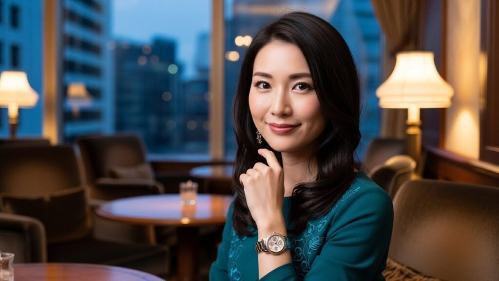 エレガントな雰囲気の日本人女性が、パテック フィリップ カラトラバ レディースの時計を着用し、穏やかに微笑んでいる様子。高級感のあるラウンジのような背景