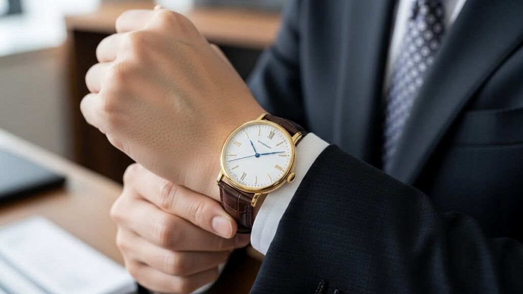 スーツの袖口から覗く、クラシックな黄金比のラウンド型ドレスウォッチを身につけた日本人ビジネスマンの手元。