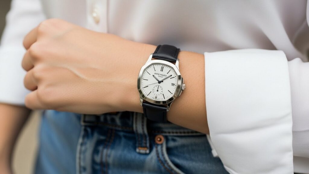シンプルな白シャツとデニムを着用した女性の手元。手首にはパテック フィリップ カラトラバが輝き、洗練された日常のスタイルを表現しているクローズアップ写真