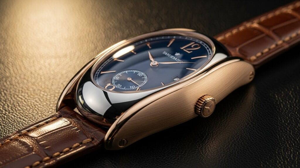 独特な楕円形のフォルムを持つ高級時計のケースに、柔らかな光が反射して仕上げの美しさが際立っている様子。