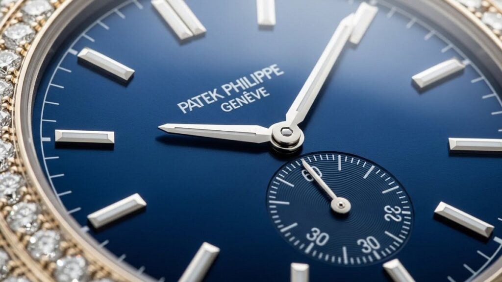 パテック フィリップ カラトラバ Ref. 4997の文字盤クローズアップ。深いブルーのラッカー文字盤の艶と、ベゼルにセッティングされたダイヤモンドの繊細な輝きが強調されている
