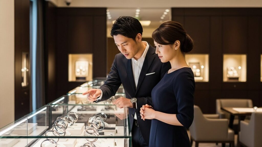 高級時計専門店の落ち着いた店内で、ショーケース越しに真剣な表情で時計を吟味する日本人の男女