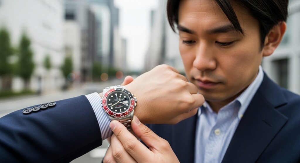 日本人のビジネスマンの腕元で輝くロレックスの赤黒ベゼル（コーク）モデル