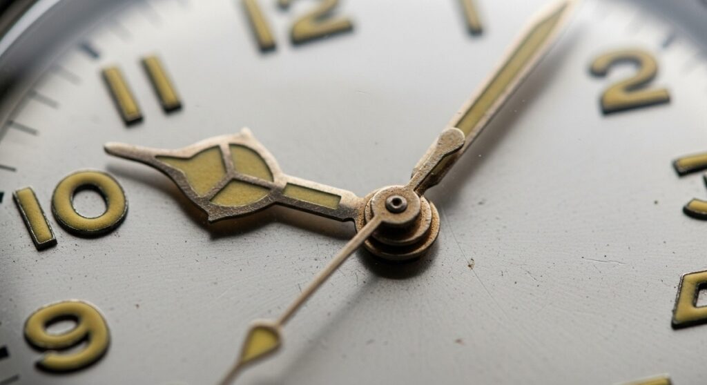 経年変化により美しくクリーム色に焼けたヴィンテージロレックスのトリチウムインデックス