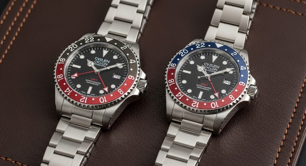 高級感のあるレザーマットの上に並んだGMTマスターIIの赤黒（コーク）と青赤（ペプシ）の比較