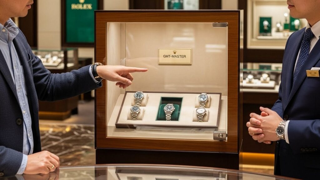日本のロレックス正規店で顧客が店員と話しているが、GMTマスターの陳列棚が空になっている様子