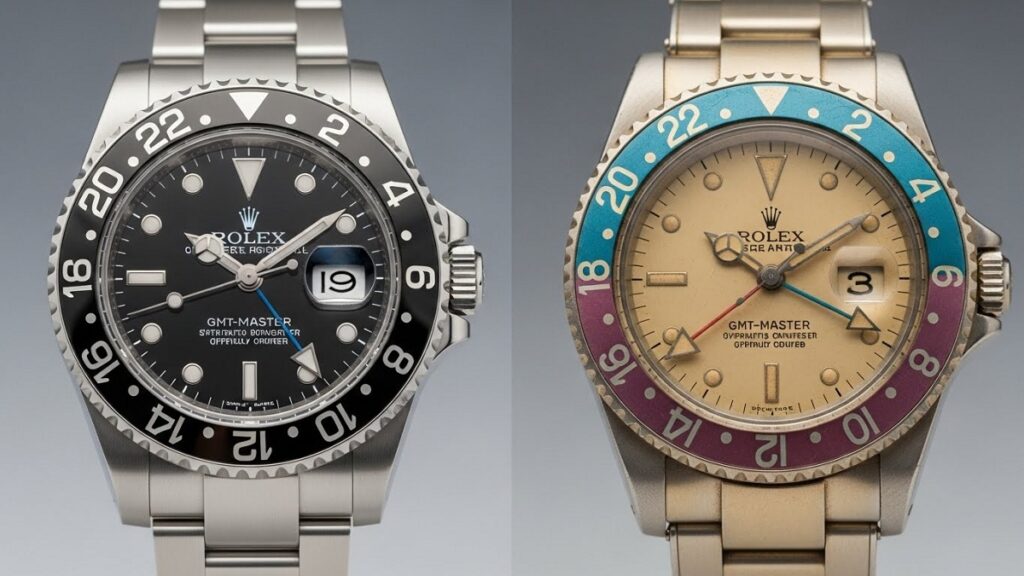 現行のセラミックベゼルと、経年変化で退色したヴィンテージのアルミベゼルのGMTマスターを並べて比較した写真
