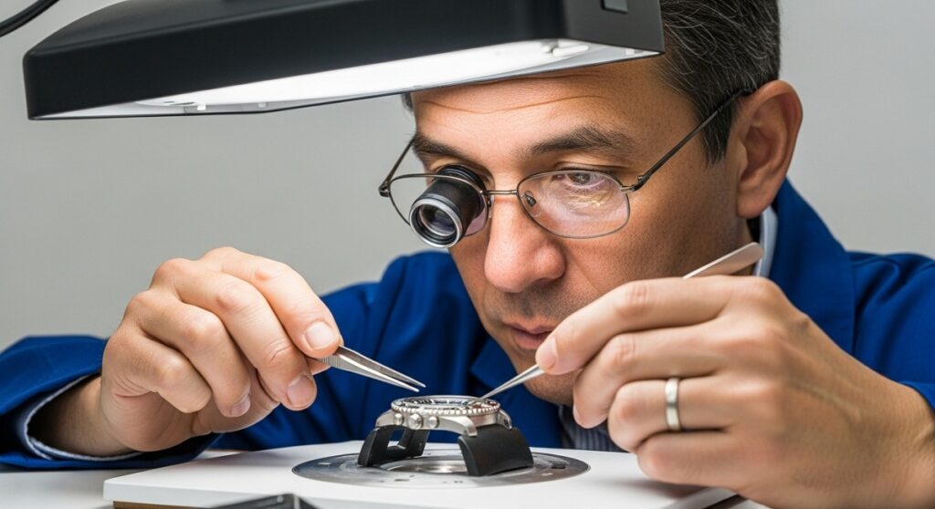 精密な技術でセラミック製ベゼルを検査する日本人の時計技術者の手元