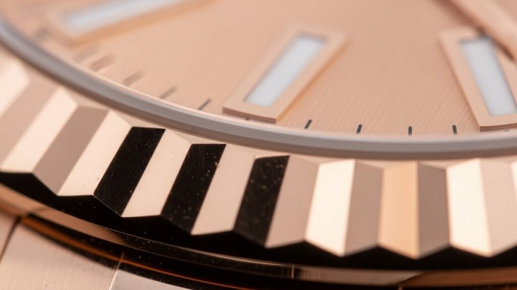 ロレックス独自のエバーローズゴールドの美しい輝きと質感を捉えたマクロ写真