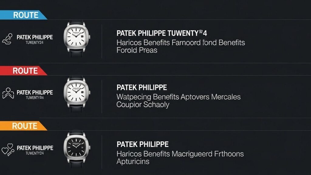 パテック フィリップ Twenty~4を購入するための3つのルート(正規販売店、並行輸入店、中古時計店)を比較したわかりやすい図解イラスト。それぞれのルートを表すアイコンと、主なメリット(安心感、価格、在庫など)が簡潔に視覚化されているインフォグラフィック