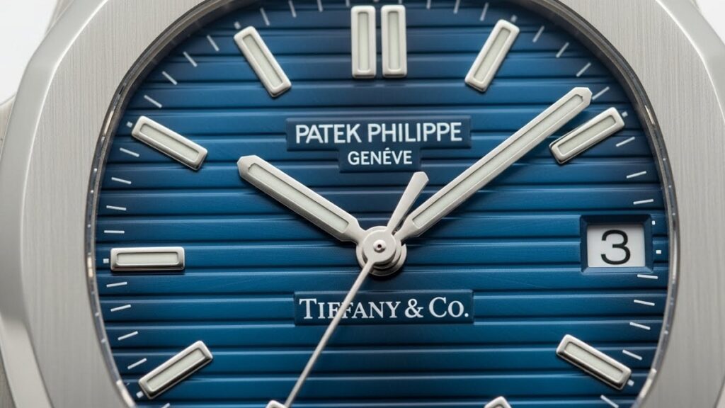 パテック フィリップ ノーチラス ティファニーの鮮やかなブルー文字盤とダブルネームのクローズアップ写真
