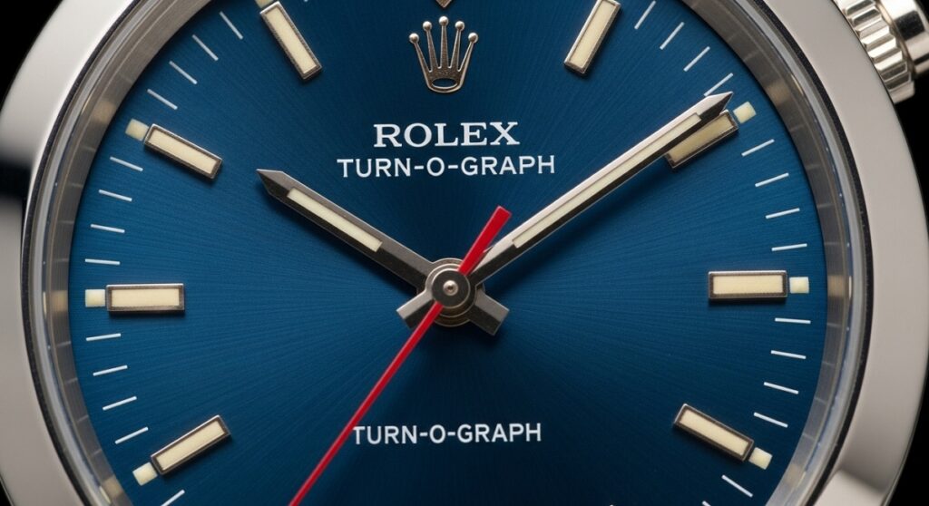 価値が高いとされるロレックス・ターノグラフの青文字盤。サンレイ仕上げの美しい輝きと赤針のコントラスト